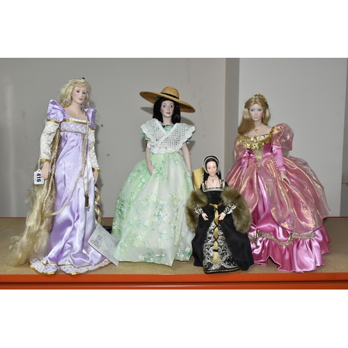 416 - FOUR PORCELAIN COLLECTOR'S DOLLS, Franklin Heirloom Dolls supported by stands, comprising Rapunzel b... 