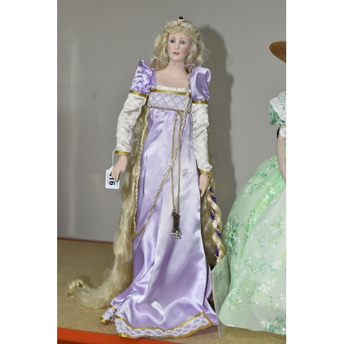 416 - FOUR PORCELAIN COLLECTOR'S DOLLS, Franklin Heirloom Dolls supported by stands, comprising Rapunzel b... 