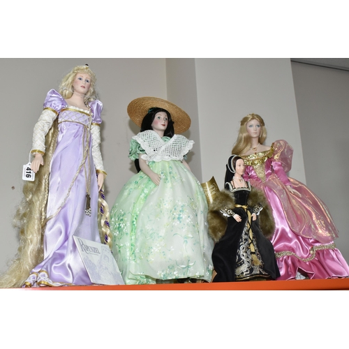 416 - FOUR PORCELAIN COLLECTOR'S DOLLS, Franklin Heirloom Dolls supported by stands, comprising Rapunzel b... 