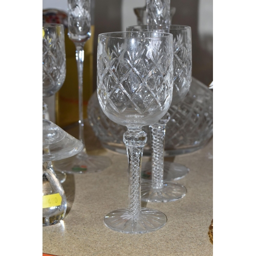 420 - A GROUP OF WELSH ROYAL CRYSTAL, comprising a large diamond cut lead crystal decanter, four air twist... 