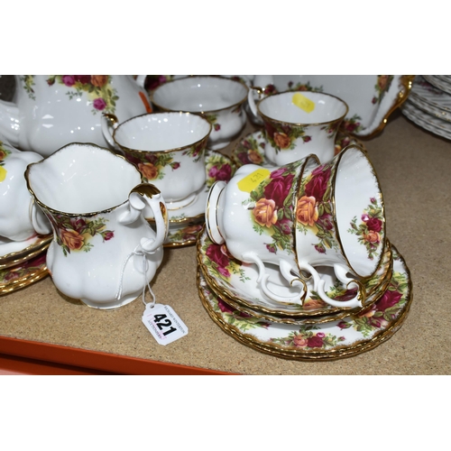 421 - A ROYAL ALBERT 'OLD COUNTRY ROSES' PATTERN TEA SET, comprising teapot, sugar bowl, milk jug, six cup... 