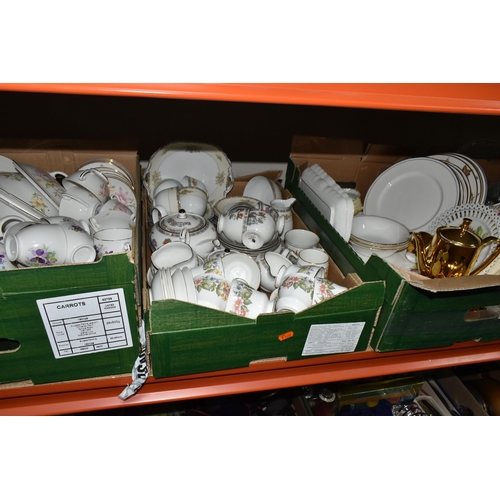 436 - THREE BOXES OF CERAMICS, to include a dark green and gold set of six coffee mugs, saucers, cream jug... 