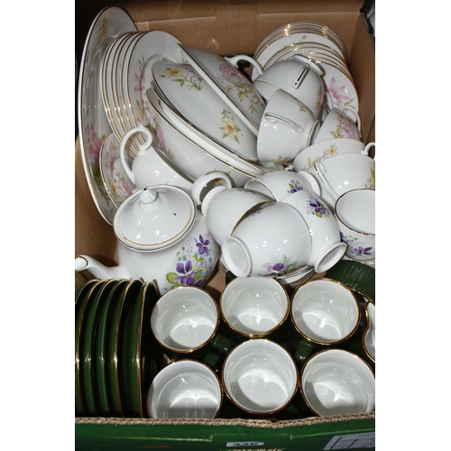 436 - THREE BOXES OF CERAMICS, to include a dark green and gold set of six coffee mugs, saucers, cream jug... 