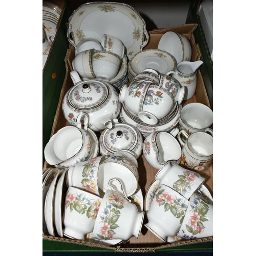 436 - THREE BOXES OF CERAMICS, to include a dark green and gold set of six coffee mugs, saucers, cream jug... 