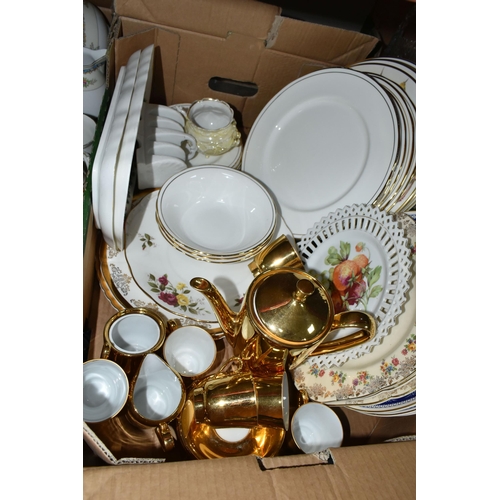 436 - THREE BOXES OF CERAMICS, to include a dark green and gold set of six coffee mugs, saucers, cream jug... 