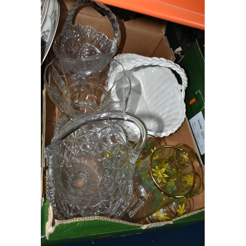 437 - THREE BOXES OF CERAMICS AND GLASSWARE, to include a transfer printed glass lemonade set, mid-century... 