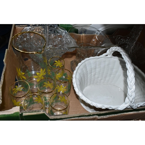 437 - THREE BOXES OF CERAMICS AND GLASSWARE, to include a transfer printed glass lemonade set, mid-century... 