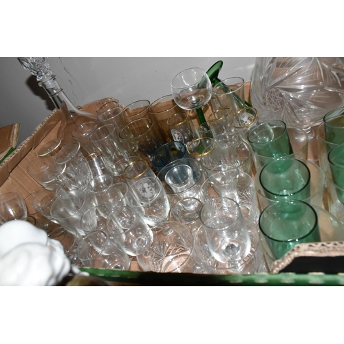 437 - THREE BOXES OF CERAMICS AND GLASSWARE, to include a transfer printed glass lemonade set, mid-century... 