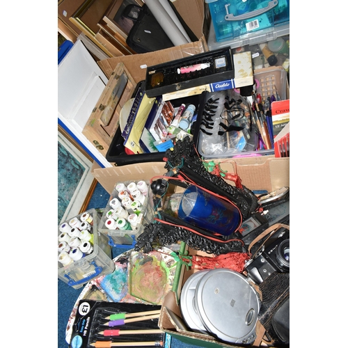 438 - FIVE BOXES OF ARTISTS PAINTS AND EQUIPMENT, to include a small wooden easel, assorted acrylic paints... 