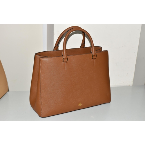 443 - A RALPH LAUREN LARGE TAN HANNA SATCHEL BAG, having removable shoulder strap, interior zipped and ope... 