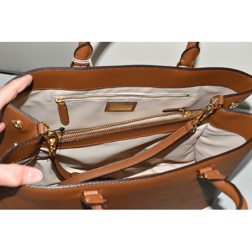 443 - A RALPH LAUREN LARGE TAN HANNA SATCHEL BAG, having removable shoulder strap, interior zipped and ope... 