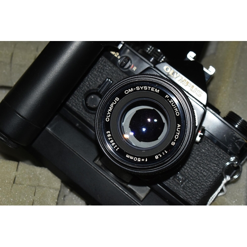 446 - A CASED OLYMPUS OM-2N 35MM CAMERA, LENS AND ACCESSORIES, camera fitted with an Olympus f1.8 50mm len... 