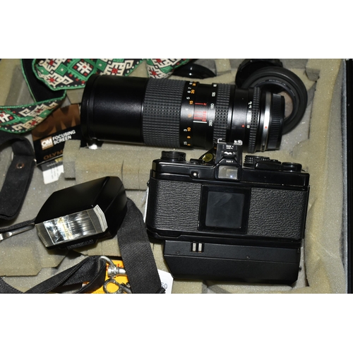 446 - A CASED OLYMPUS OM-2N 35MM CAMERA, LENS AND ACCESSORIES, camera fitted with an Olympus f1.8 50mm len... 