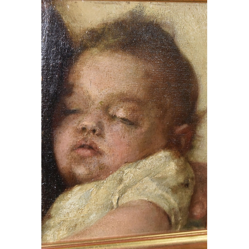 452 - A LATE 19TH / EARLY 20TH CENTURY PORTRAIT OF A SLEEPING BABY, no visible signature, oil on canvas, a... 