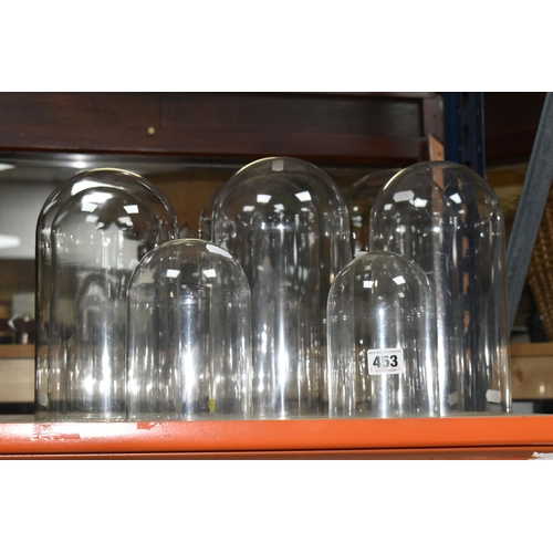 453 - EIGHT GLASS AND PERSPEX DOMES, comprising four glass domes, ranging in height from 14.5cm to 26cm, d... 