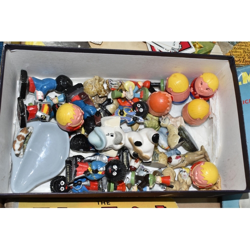 464 - A BOX OF CERAMIC FIGURES, TOYS AND BOOKS, to include eight Robertsons Jam figures, Wade Whimsies inc... 