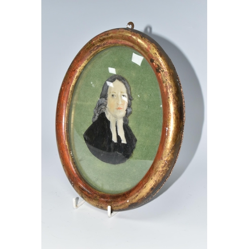 472 - A MOULDED WAX PORTRAIT BUST OF REV. JOHN WESLEY, mounted on green velvet and in an oval gilt frame, ... 