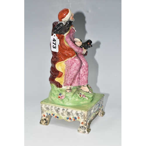 473 - AN EARLY 19TH CENTURY STAFFORDSHIRE EARTHENWARE FIGURE OF ELIJAH AND THE RAVENS, modelled on a squar... 