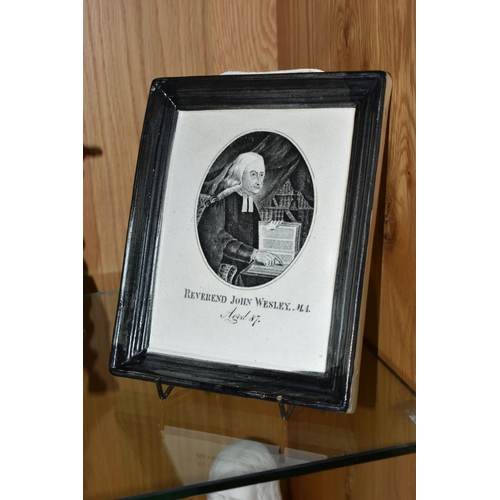 474 - A VICTORIAN EARTHENWARE MONOCHROME PRINTED PLAQUE COMMEMORATING 'REVEREND JOHN WESLEY, M.A. AGED 87'... 