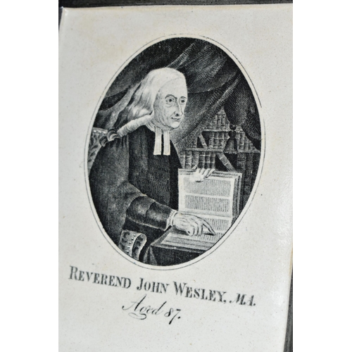 474 - A VICTORIAN EARTHENWARE MONOCHROME PRINTED PLAQUE COMMEMORATING 'REVEREND JOHN WESLEY, M.A. AGED 87'... 