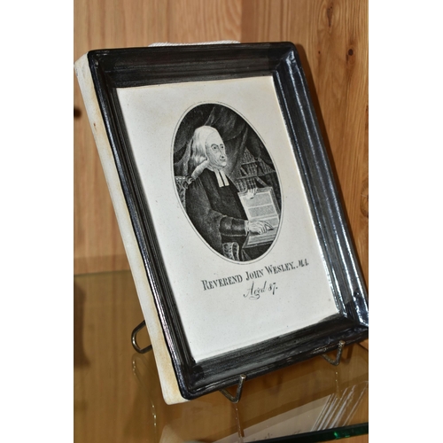 474 - A VICTORIAN EARTHENWARE MONOCHROME PRINTED PLAQUE COMMEMORATING 'REVEREND JOHN WESLEY, M.A. AGED 87'... 