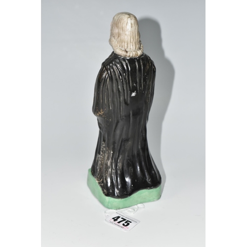 475 - AN EARLY 19TH CENTURY STAFFORDSHIRE PEARLWARE FIGURE OF REV. JOHN WESLEY STANDING WITH ONE ARM RAISE... 