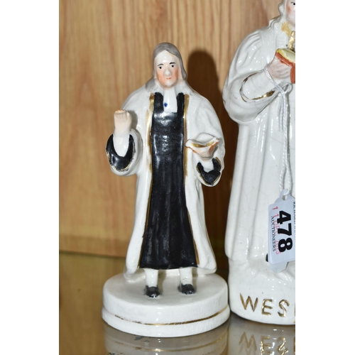 478 - FOUR 19TH CENTURY STAFFORDSHIRE POTTERY FIGURES OF REVEREND JOHN WESLEY, STANDING, all four modelled... 