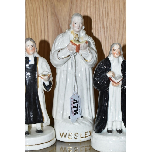 478 - FOUR 19TH CENTURY STAFFORDSHIRE POTTERY FIGURES OF REVEREND JOHN WESLEY, STANDING, all four modelled... 