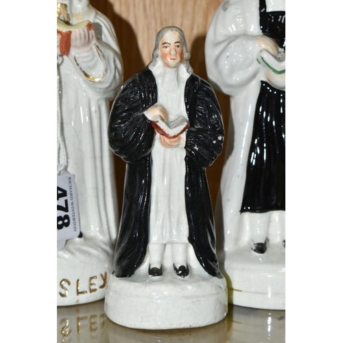 478 - FOUR 19TH CENTURY STAFFORDSHIRE POTTERY FIGURES OF REVEREND JOHN WESLEY, STANDING, all four modelled... 