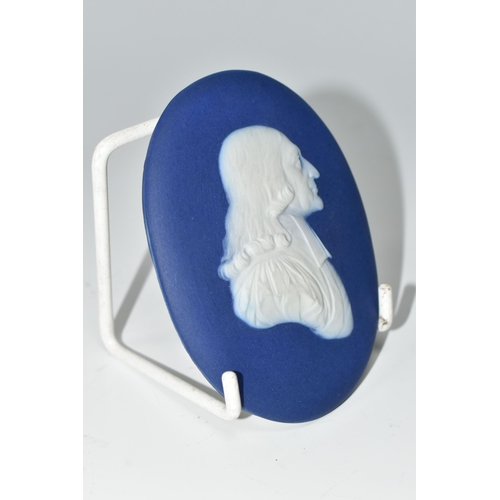 479 - A 19TH CENTURY WEDGWOOD BLUE JASPERWARE OVAL PLAQUE MODELLED IN SIDE PROFILE WITH REV. JOHN WESLEY, ... 