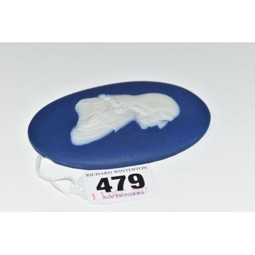 479 - A 19TH CENTURY WEDGWOOD BLUE JASPERWARE OVAL PLAQUE MODELLED IN SIDE PROFILE WITH REV. JOHN WESLEY, ... 