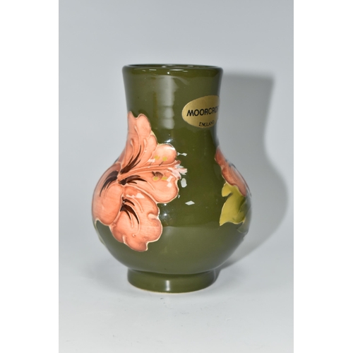 480 - A MOORCROFT POTTERY CORAL HIBISCUS VASE, of bulbous necked form, tube lined in Coral Hibiscus patter... 