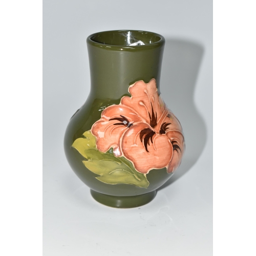 480 - A MOORCROFT POTTERY CORAL HIBISCUS VASE, of bulbous necked form, tube lined in Coral Hibiscus patter... 