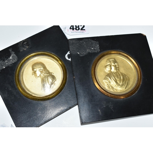 482 - A PAIR OF 19TH CENTURY CIRCULAR GILT METAL PLAQUES OF REV. JOHN WESLEY 1703-1791 AND REV. CHARLES WE... 