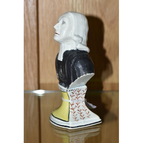 483 - AN EARLY 19TH CENTURY STAFFORDSHIRE PEARLWARE BUST OF REV. JOHN WESLEY RAISED ON A SOCLE STYLE BASE,... 