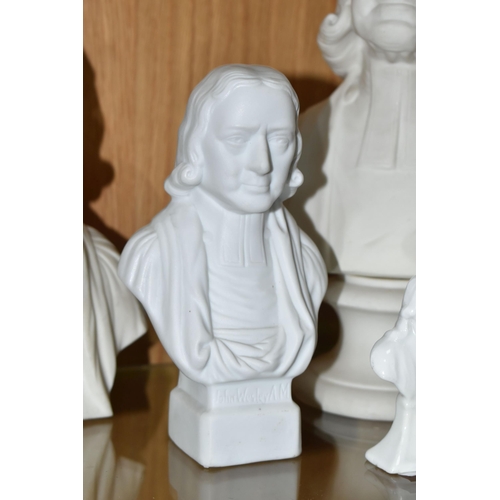 486 - THREE VICTORIAN PARIAN BUSTS OF REV. JOHN WESLEY, A SMALL WHITE GLAZED BUST OF THE SAME AND A BISQUE... 