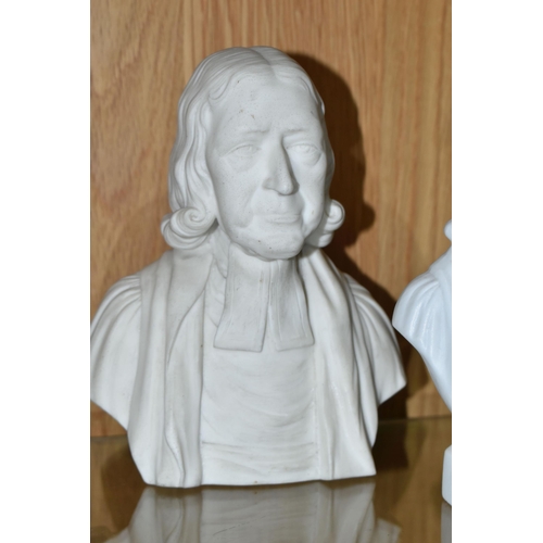 486 - THREE VICTORIAN PARIAN BUSTS OF REV. JOHN WESLEY, A SMALL WHITE GLAZED BUST OF THE SAME AND A BISQUE... 