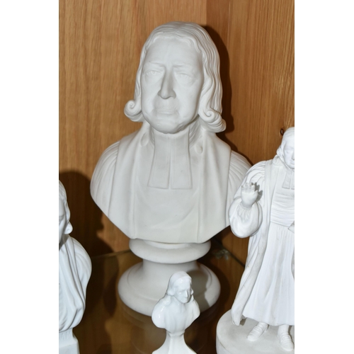 486 - THREE VICTORIAN PARIAN BUSTS OF REV. JOHN WESLEY, A SMALL WHITE GLAZED BUST OF THE SAME AND A BISQUE... 