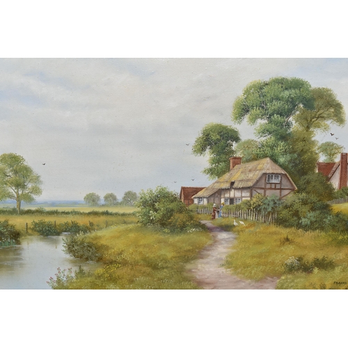 493 - PETER KOTKA (1951-) A NOSTALGIC 19TH CENTURY STYLE LANDSCAPE, two figures are standing before a that... 