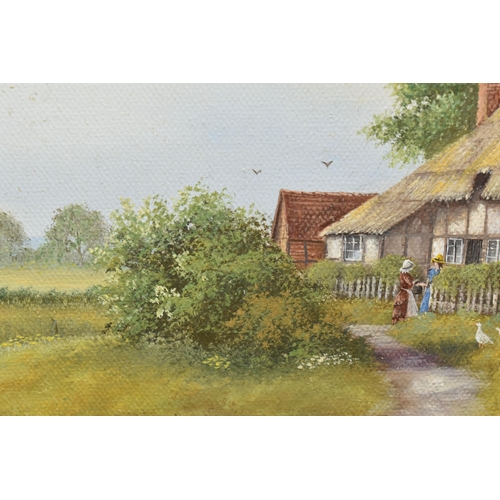 493 - PETER KOTKA (1951-) A NOSTALGIC 19TH CENTURY STYLE LANDSCAPE, two figures are standing before a that... 