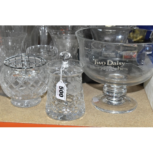 500 - A QUANTITY OF CUT AND PRESSED GLASS WARES ETC, to include a Web Corbett rose bowl and boxed fruit bo... 