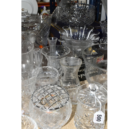 500 - A QUANTITY OF CUT AND PRESSED GLASS WARES ETC, to include a Web Corbett rose bowl and boxed fruit bo... 