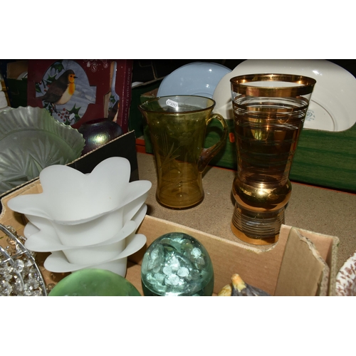 501 - TWO BOXES AND LOOSE CERAMICS AND GLASS ETC, to include six Wedgwood 'Baby Owls' collectors plates, t... 