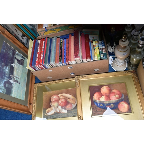 503 - FOUR BOXES AND LOOSE ASSORTED SUNDRY ITEMS ETC, to include four onyx table lamps, two brass coloured... 