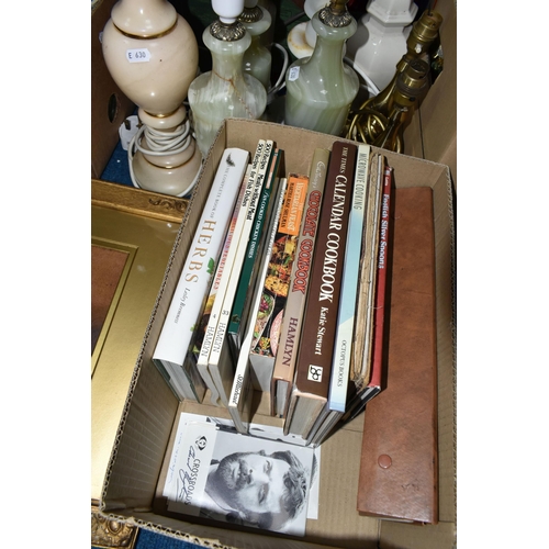 503 - FOUR BOXES AND LOOSE ASSORTED SUNDRY ITEMS ETC, to include four onyx table lamps, two brass coloured... 