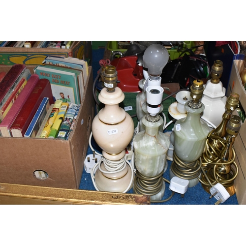 503 - FOUR BOXES AND LOOSE ASSORTED SUNDRY ITEMS ETC, to include four onyx table lamps, two brass coloured... 
