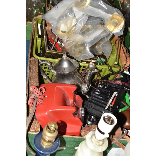 503 - FOUR BOXES AND LOOSE ASSORTED SUNDRY ITEMS ETC, to include four onyx table lamps, two brass coloured... 