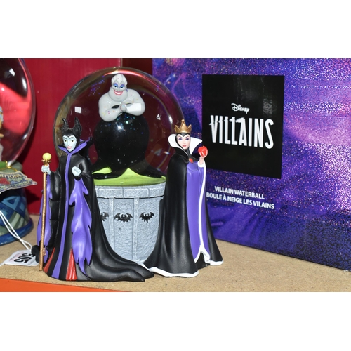 505 - THREE BOXED DISNEY SNOW GLOBES, comprising two illuminated Disney Villain examples with Ursula insid... 