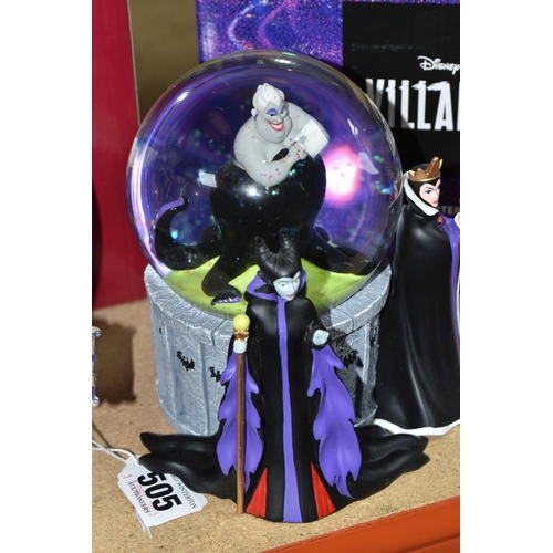 505 - THREE BOXED DISNEY SNOW GLOBES, comprising two illuminated Disney Villain examples with Ursula insid... 