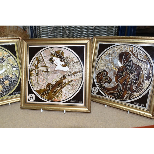 506 - FOUR LATE 20TH CENTURY MAW & Co FOUR SEASONS TILES,  each depicting an art nouveau style design with... 